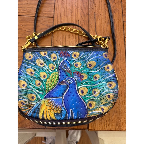 Sharif Handbags - Vtg Sharif Leather Hand-Painted Blue Peacock B-0911 Purse.